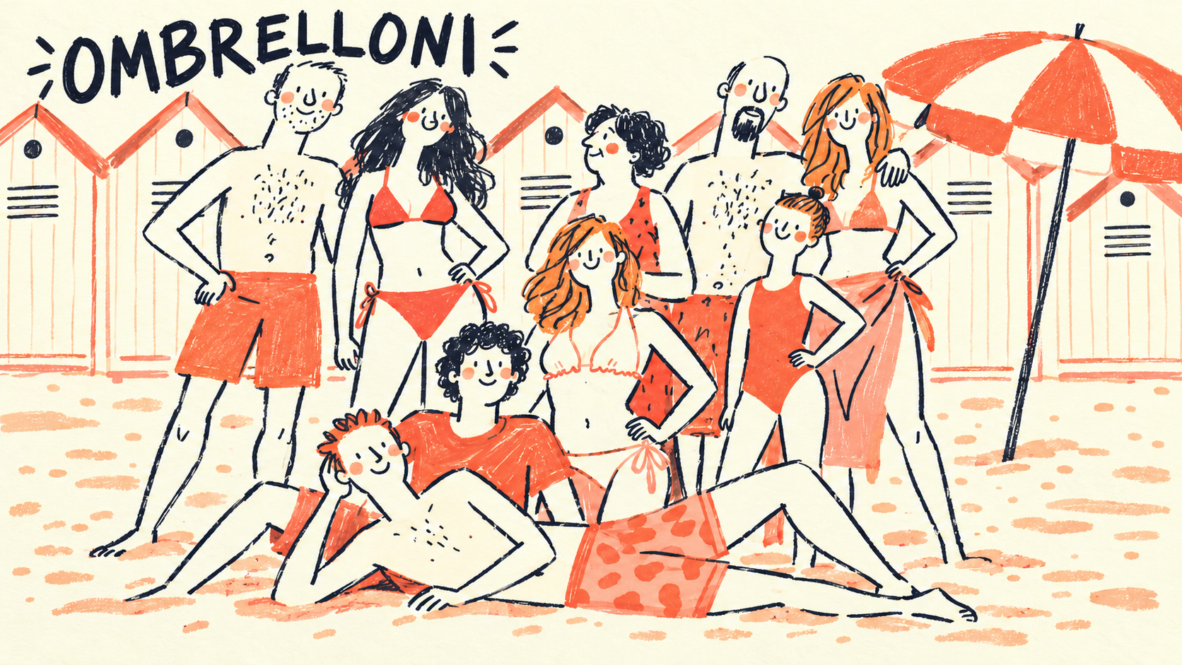 Ombrelloni, nove personaggi sulla spiaggia davanti alle cabine